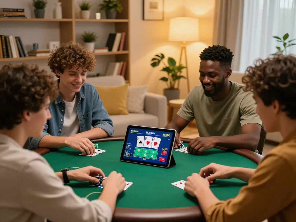 Friends enjoying a live poker game on 555win tablet, showcasing strategic gameplay in cozy atmosphere