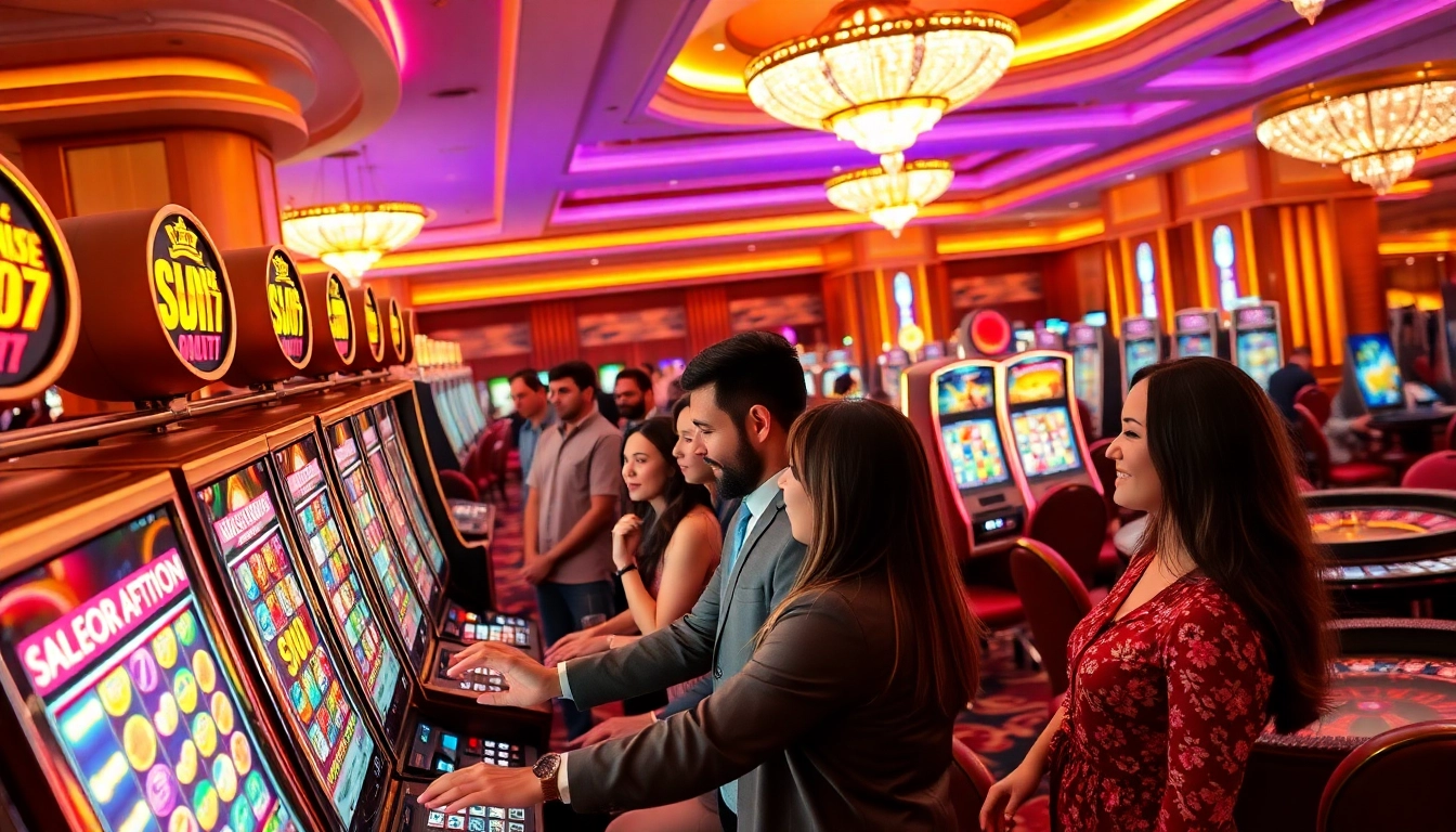 Playing slot777 machines in a luxurious casino with vibrant lights and excited players.