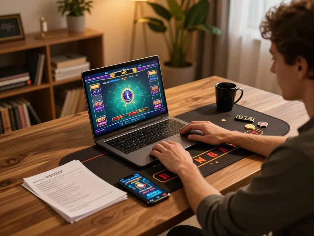 Player engaged in online gaming with Lode88, displaying vibrant graphics on laptop, ready for a thrilling experience