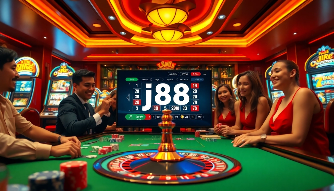 Experience the thrill of j88 gaming with colorful chips and intense player action at a lively casino.