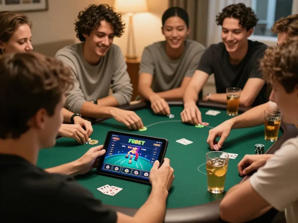 Friends enjoying a thrilling poker game on F8BET app in a cozy home setting