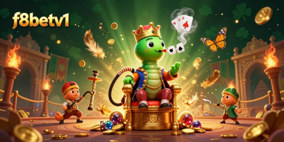 Engage with f8betv1 in an ultra-detailed casino scene featuring a caterpillar master, poker hand symbols, and dynamic game elements.