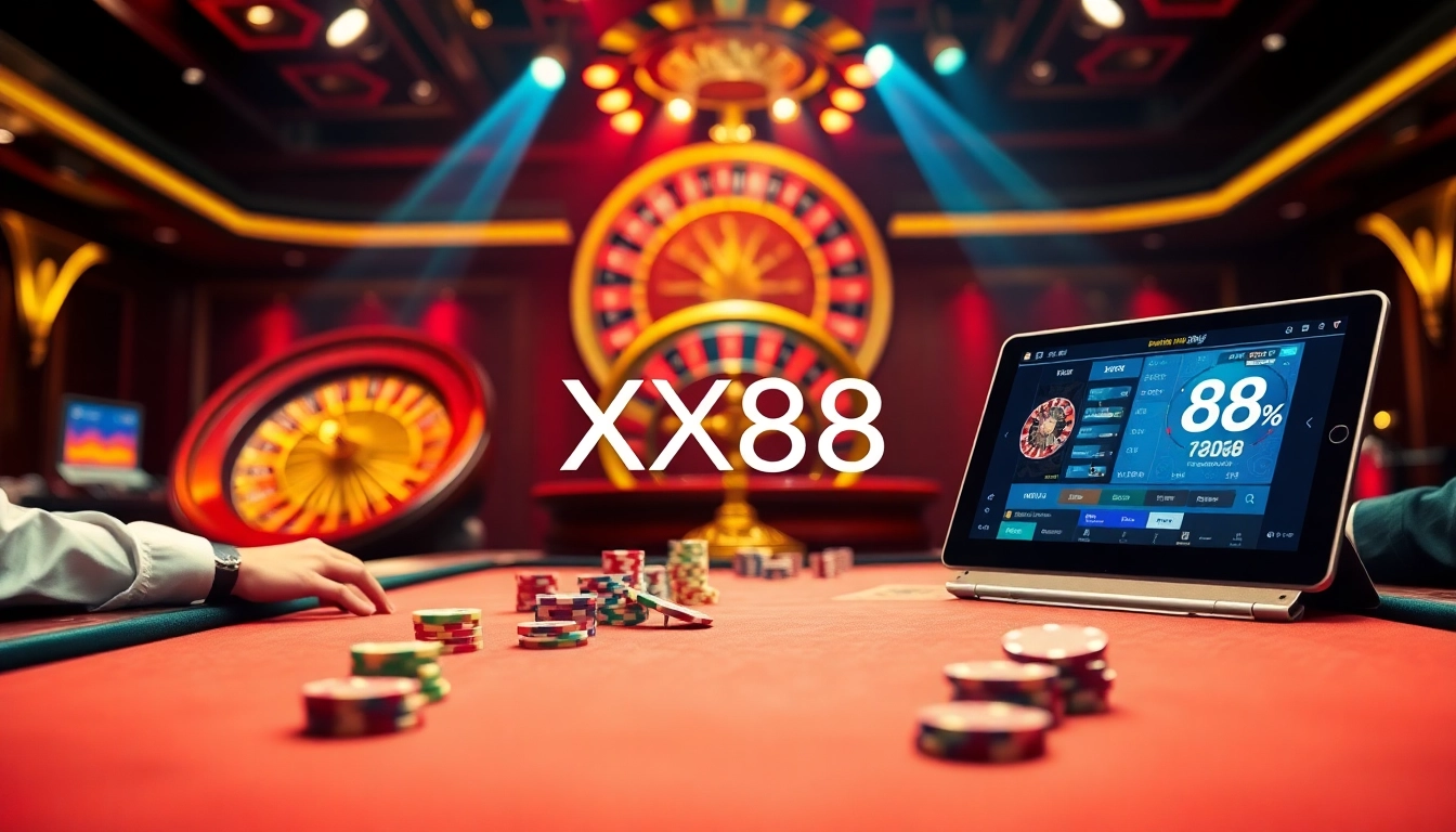 Players enjoying a thrilling game at a casino table featuring XX88 branding and vibrant poker chips.