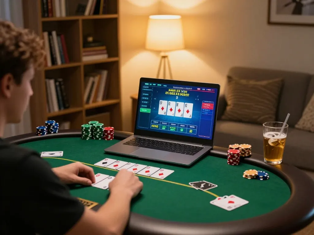 Ta88 player strategizing at home poker game with laptop and notes, promoting responsible gambling.