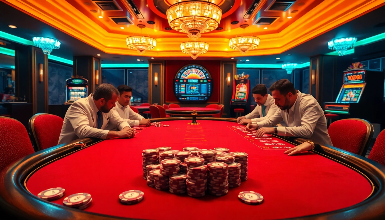 SODO66 casino scene with poker, roulette wheel, and luxurious gaming ambiance.