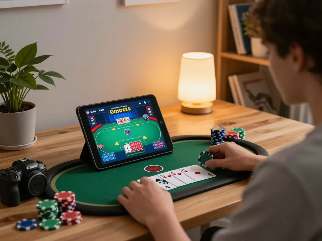 hitclub player immersed in online poker on a tablet at home, showcasing lively gaming atmosphere.