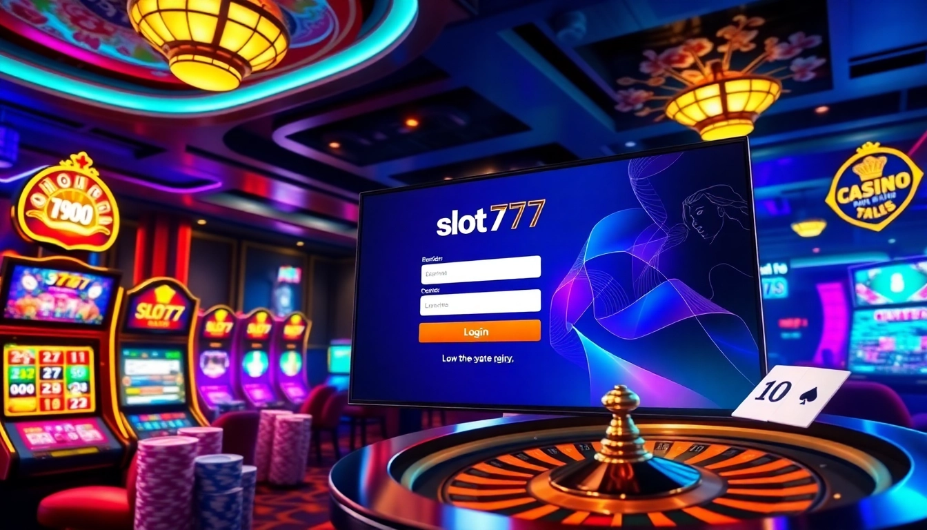 Engage in the vibrant atmosphere of slot777 login with a captivating online casino scene featuring dynamic gambling elements.