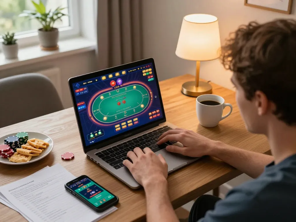 Engaging 3BET online poker game experience in a cozy home setting with strategic notes.
