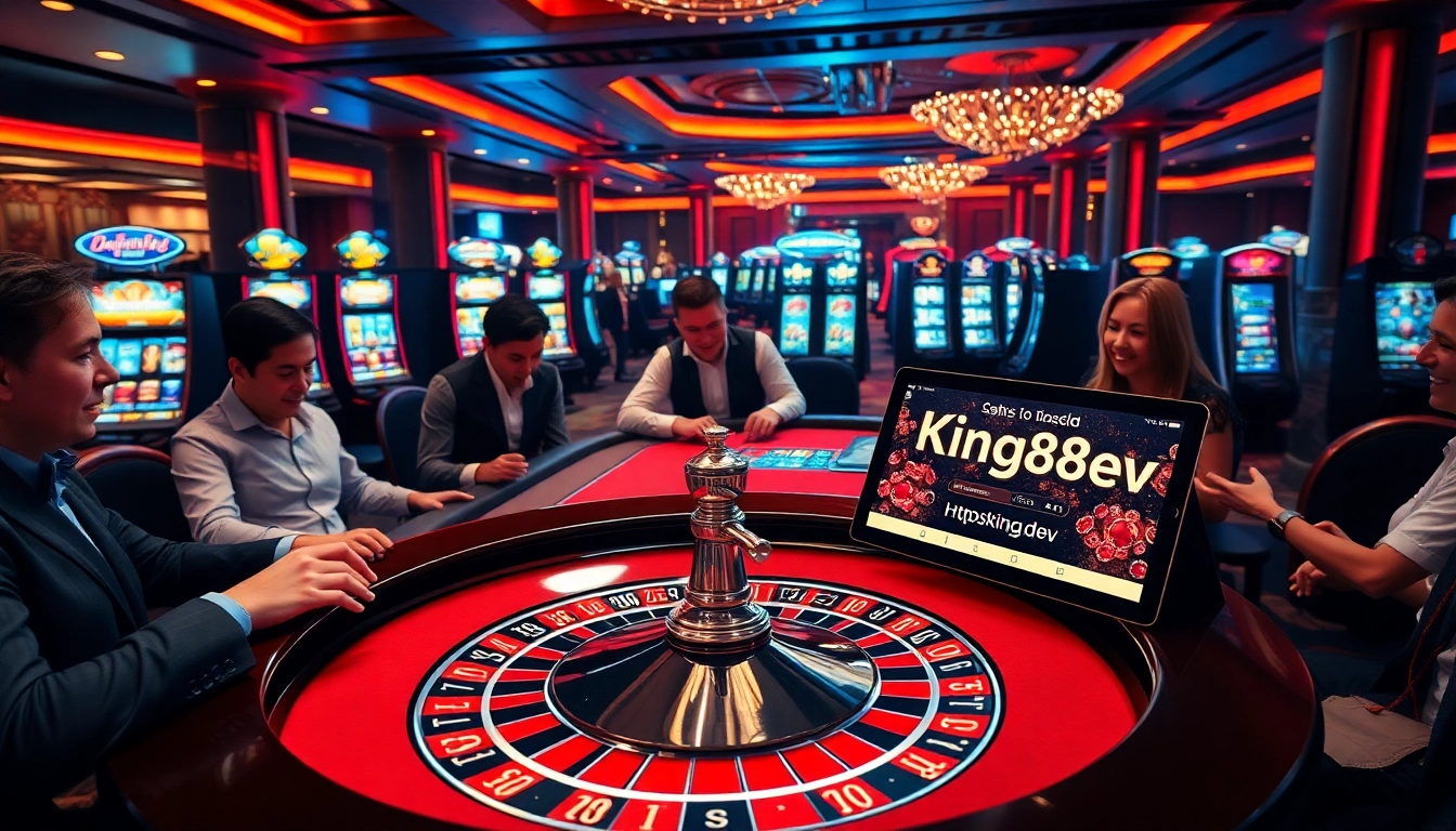 Exciting gambling scene at https://king888.dev/ featuring roulette, slot machines, and enthusiastic players.