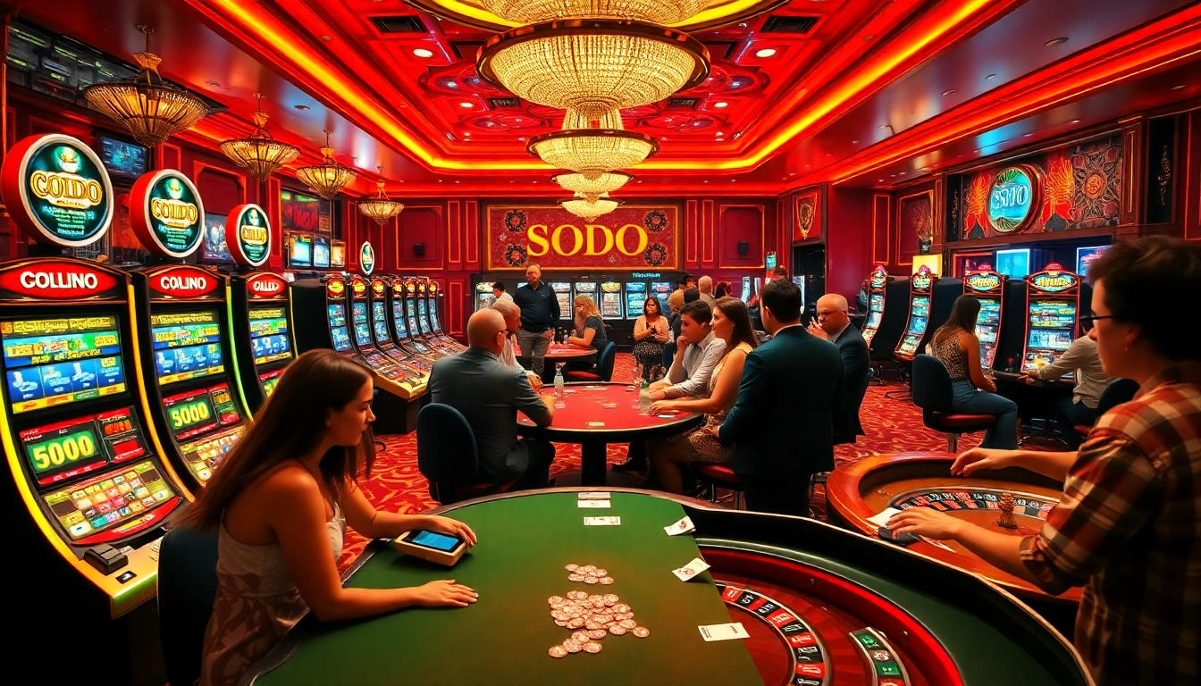 SODO casino scene featuring lively gamblers, slot machines, and vibrant ambiance.