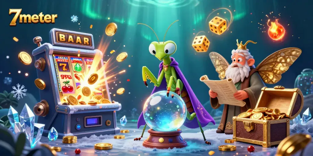 Experience thrilling wins with 7meter in this vibrant casino illustration featuring lucky symbols and dynamic characters.