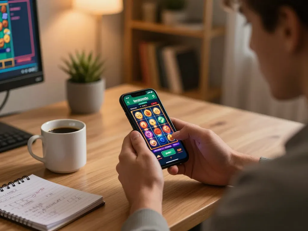Player using the keratontoto app on smartphone in cozy home setting, highlighting online gaming experience.