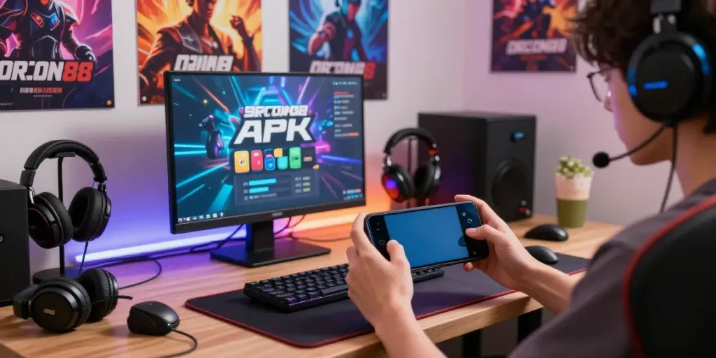 Engaged player enjoying the ORION88 APK in a lively gaming setup.