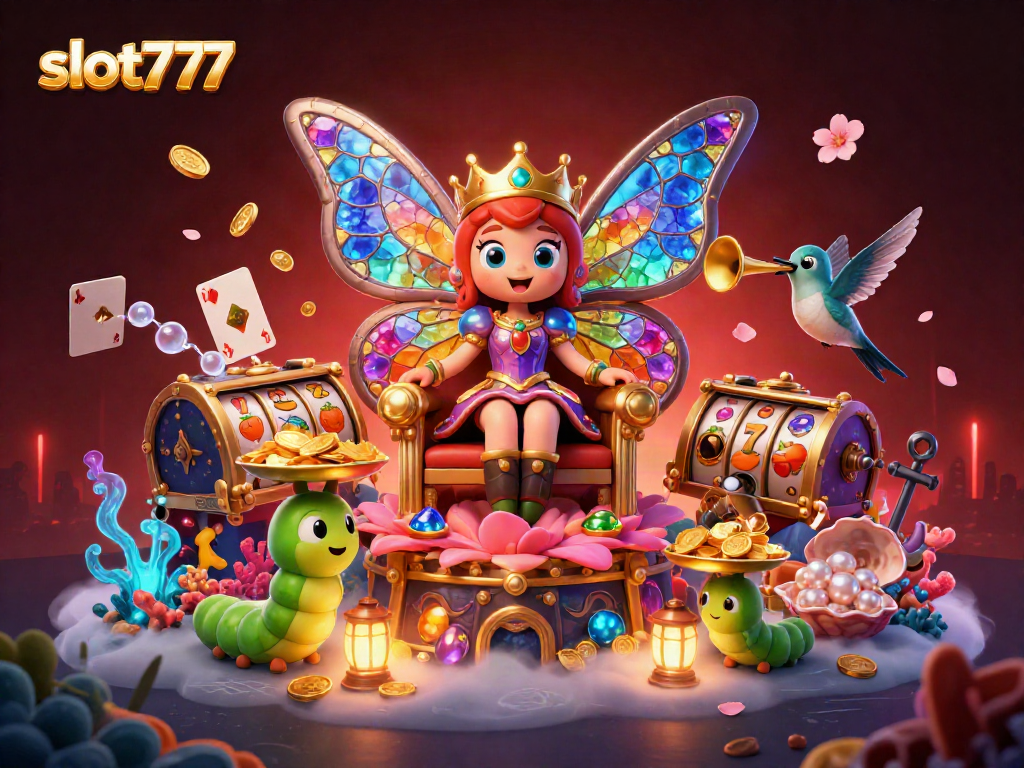 Engage with slot777's dynamic illustration, featuring a butterfly queen amidst vibrant casino treasures.