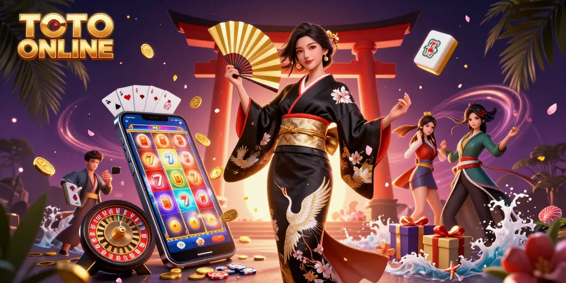 TOTO ONLINE casino scene featuring elegant Asian woman in kimono holding fan, surrounded by dynamic gambling elements.