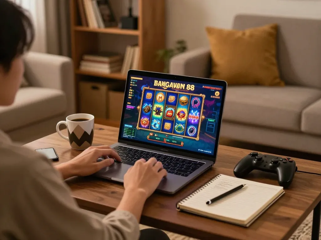 Bangsawan88 slot gameplay on laptop in a cozy home environment with strategic notes.