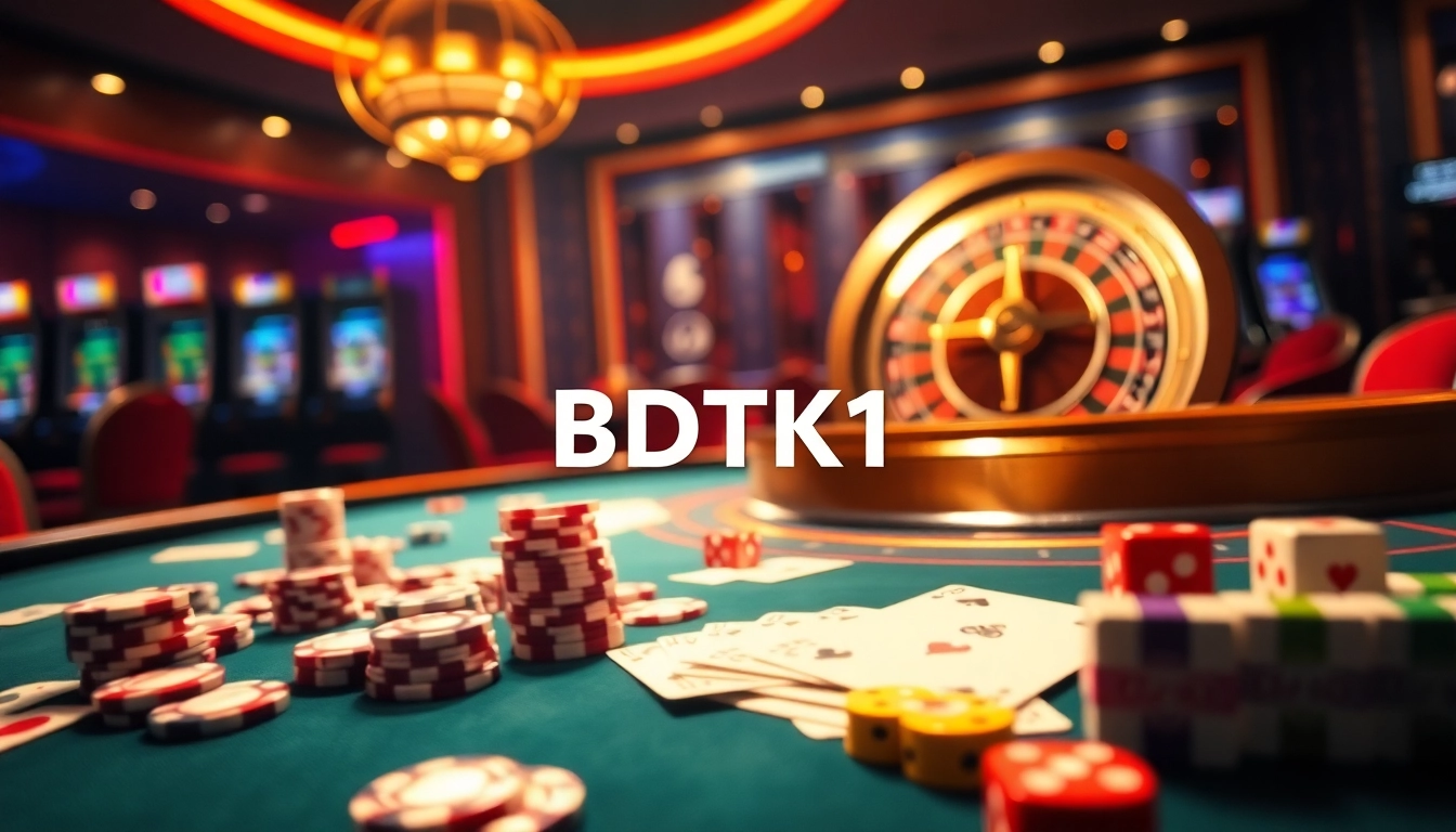 Engaging casino scene highlighting BDTK1 with poker chips, cards, and roulette wheels.