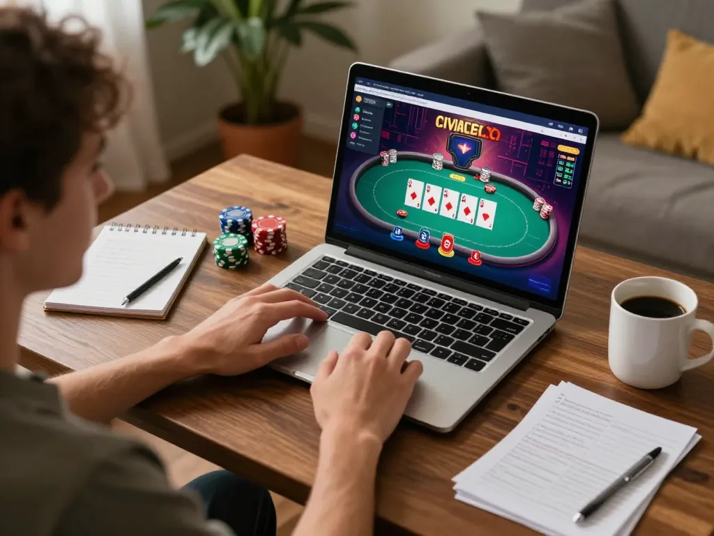 Player enjoying a poker game on ALO8; cozy home setting with gaming strategy notes visible.