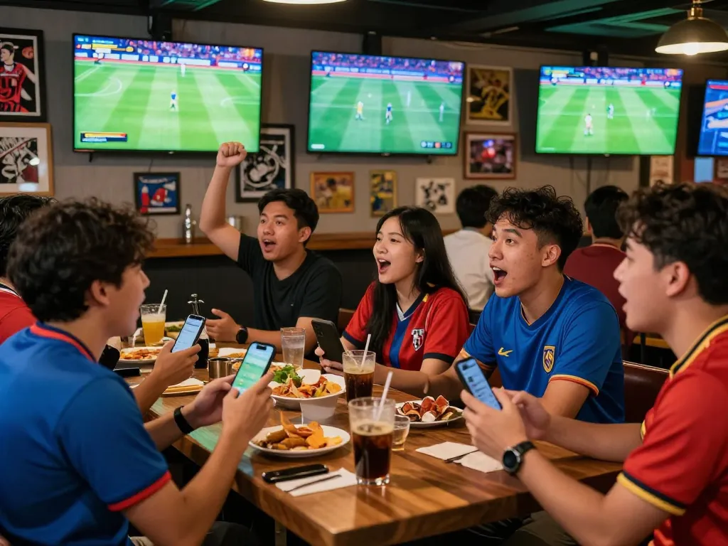 Excited fans enjoying Judi Bola betting at a lively sports bar during a football match.