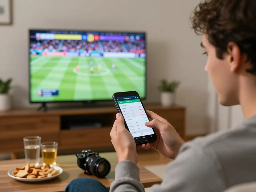 Engaging in live sports betting with Vsbet app on smartphone in a cozy home setting