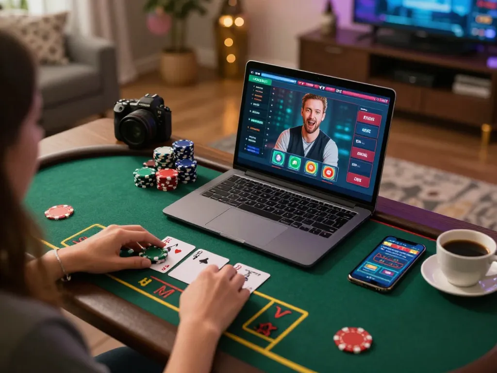 Player enjoying a blackjack game online at home with strategic betting on du88 laptop