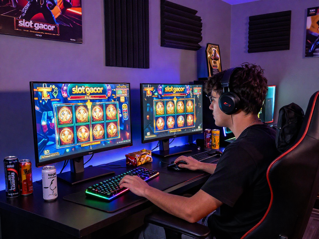 Exciting gaming setup with "slot gacor" slot machine on a vibrant high-res monitor.