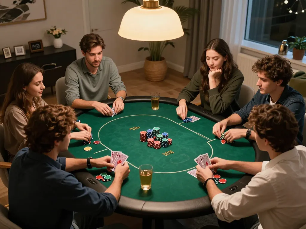 Friends enjoying a lively poker game at home, showcasing FAFA 828's entertainment.