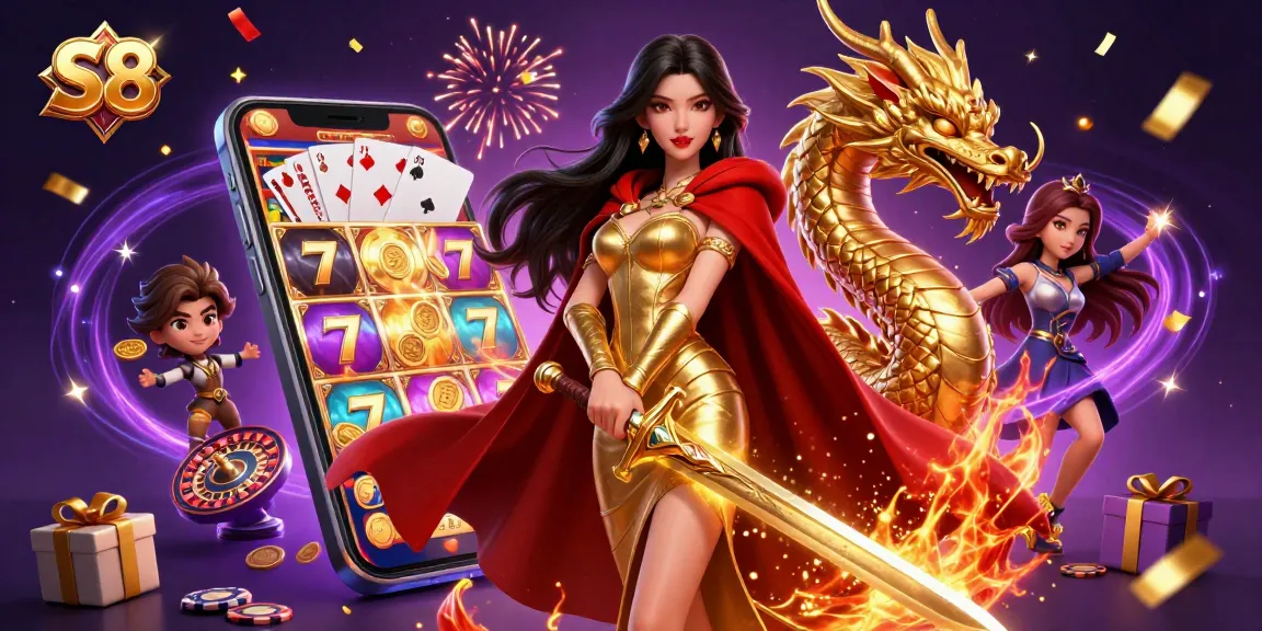 Experience exciting gameplay at S8 with vibrant illustrations featuring lucky slots and winning moments.