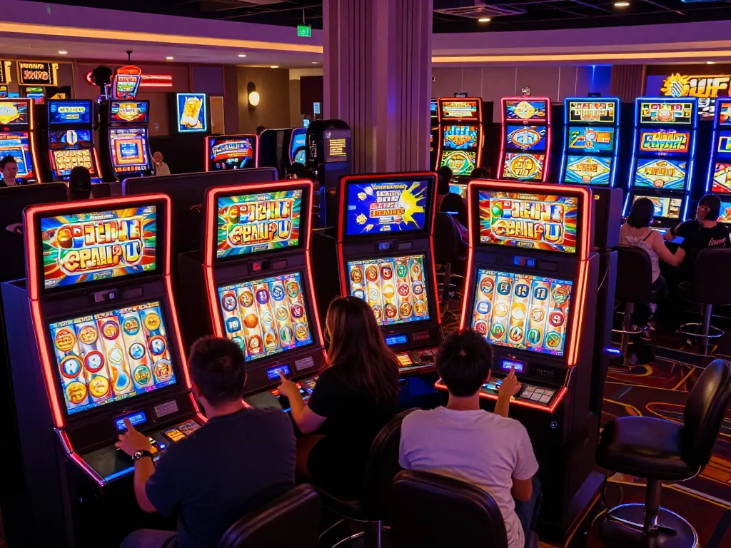 Engaging slot machine gameplay at kdslots casino, vibrant colors and players focused on reels.