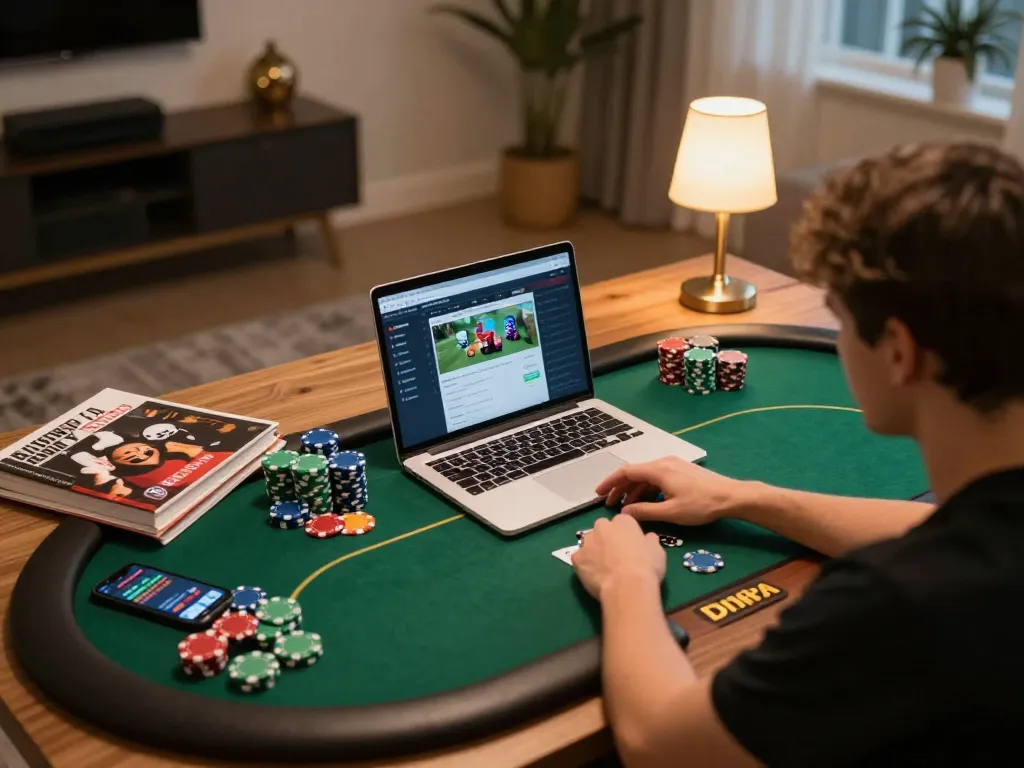 Engaged player betting on viral88 poker game with laptop and strategy notes.