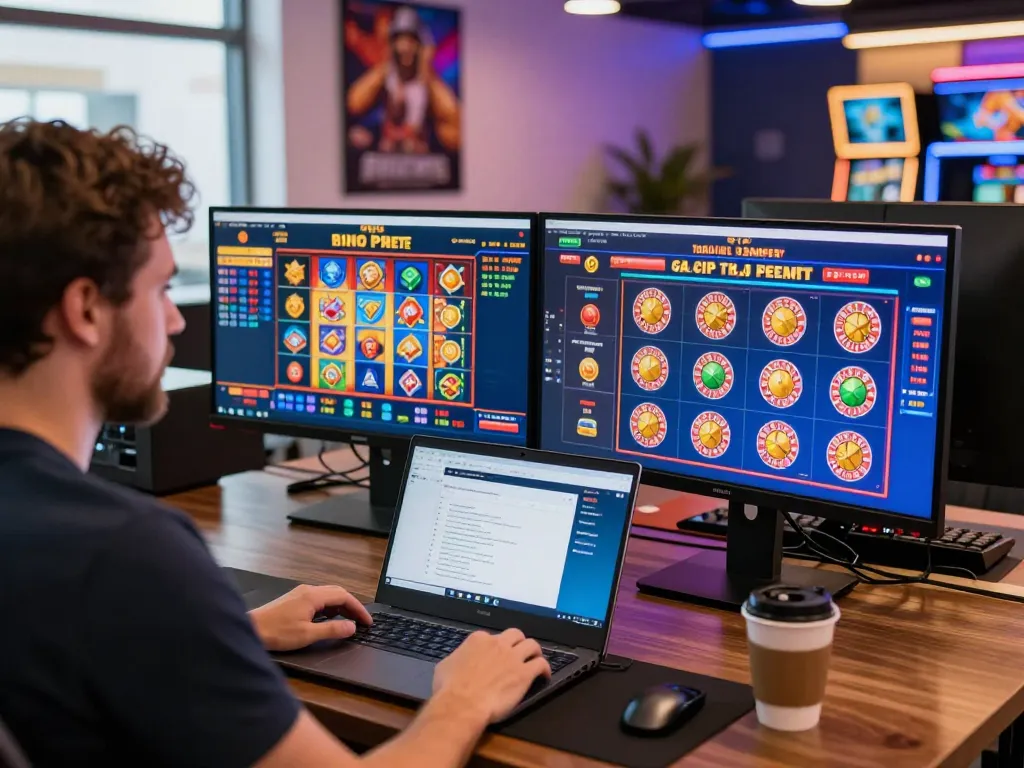 Engaged player at https://32win.agency/ enjoying an online casino experience with vibrant game displays.