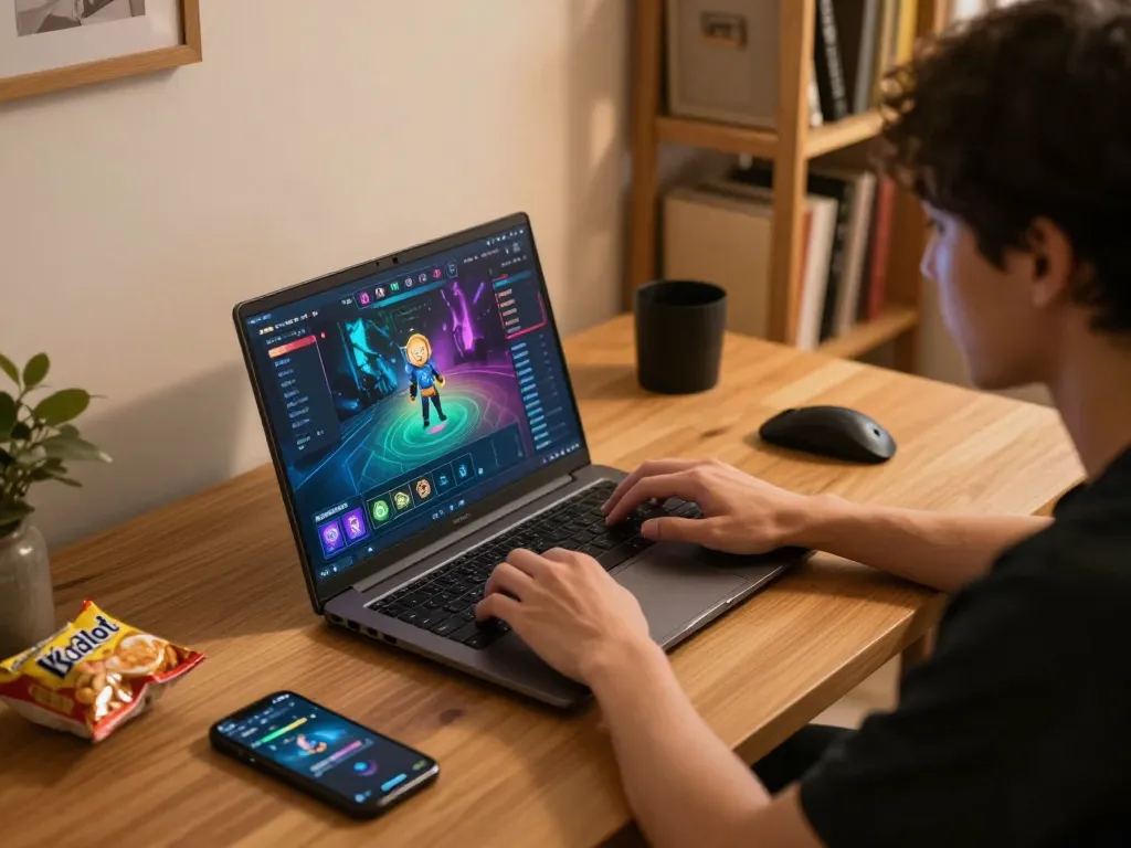 Player enjoying kdslot on laptop in cozy home setup with snacks and warm lighting.