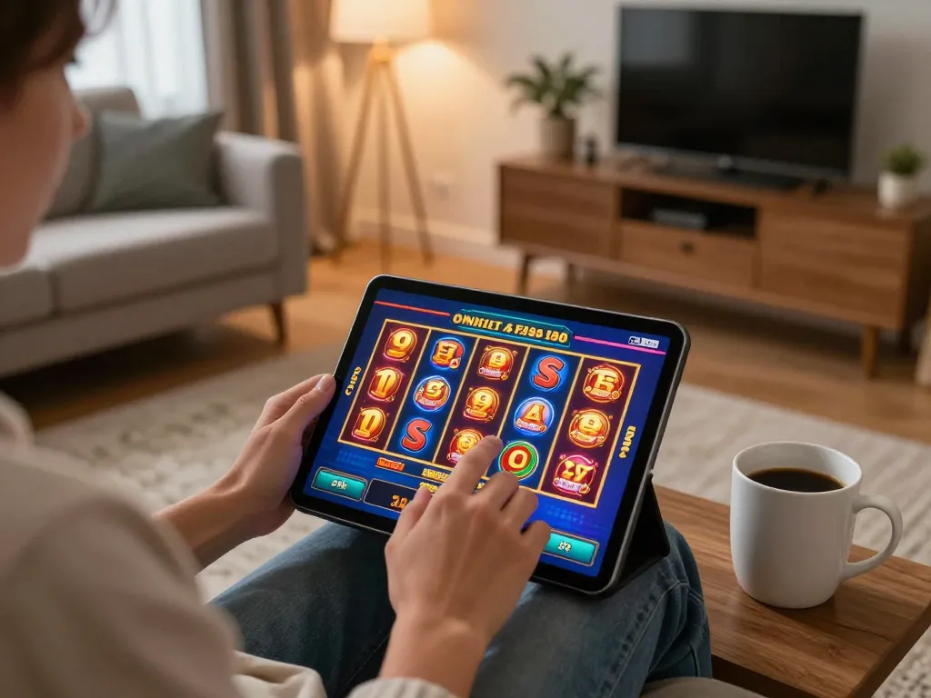 Engaging gameplay on a demo slot in a cozy home setting with tablet and coffee mug.