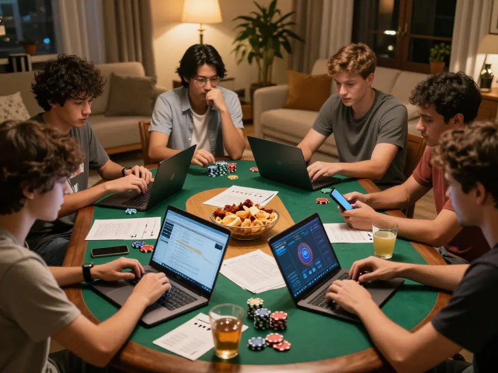 Players enjoying an exciting online poker session at home with lc88 com visible on their screens.