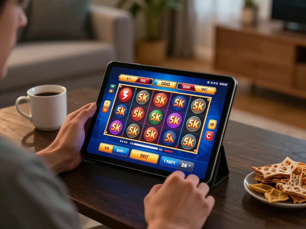 Player enjoying a slot 5k online game on a tablet in a cozy home environment.