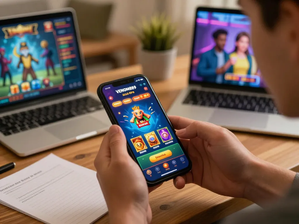 Engaging scene of a player focused on the VENOM889 Datfar game on a smartphone, illustrating intense gameplay and rewards strategy.