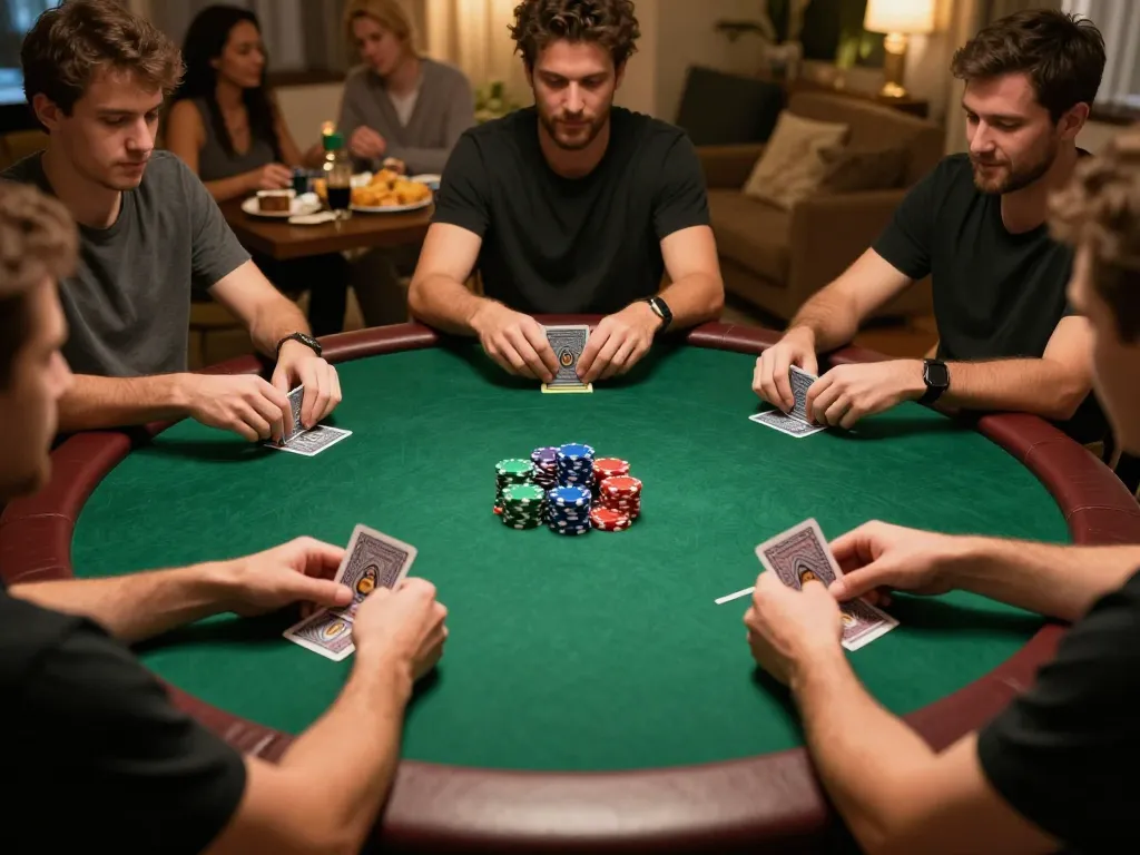 Engaging poker game in a cozy home setting, showcasing players in action with chips and cards at ok365.