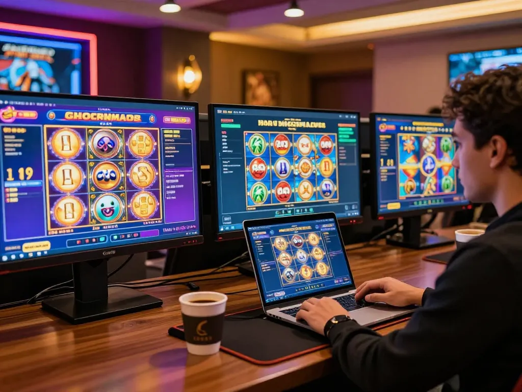 Playing slot online gacor on multiple screens in a modern gaming setup at home.