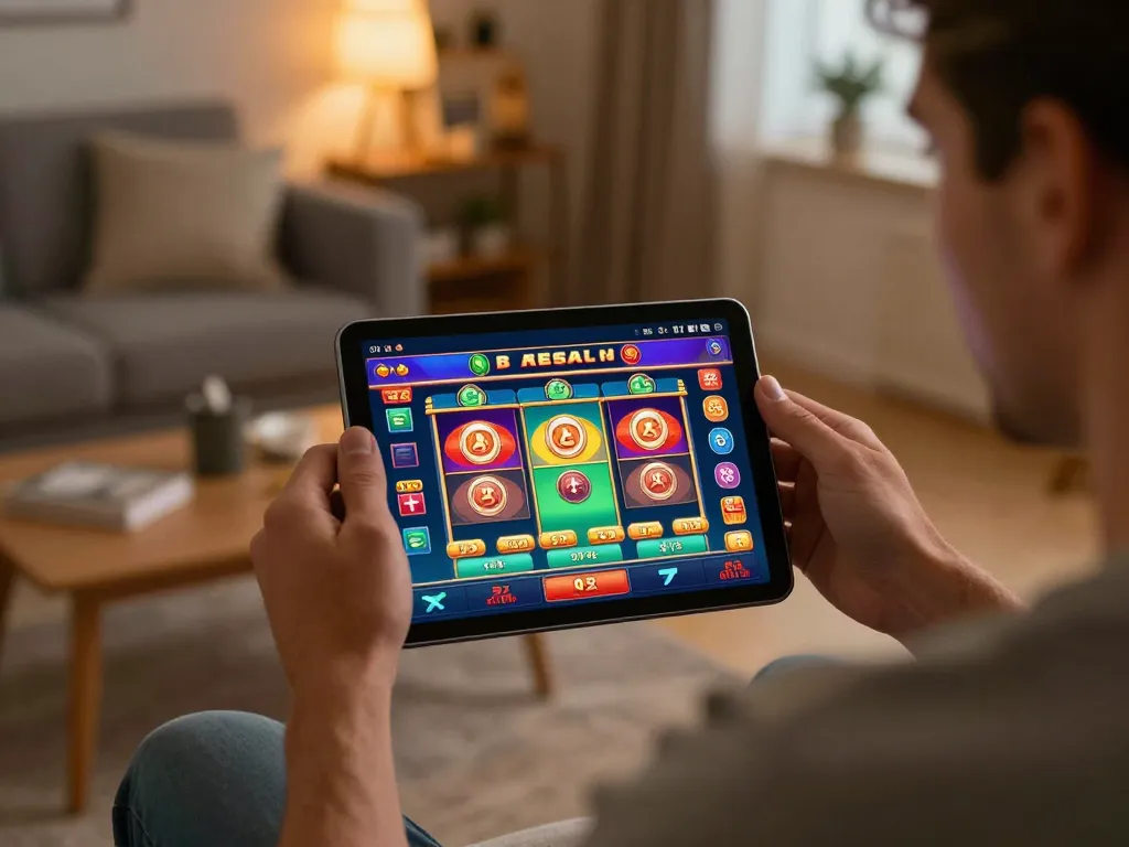 Nohu90 player enjoying an exciting mobile slot game experience in a cozy home setting.