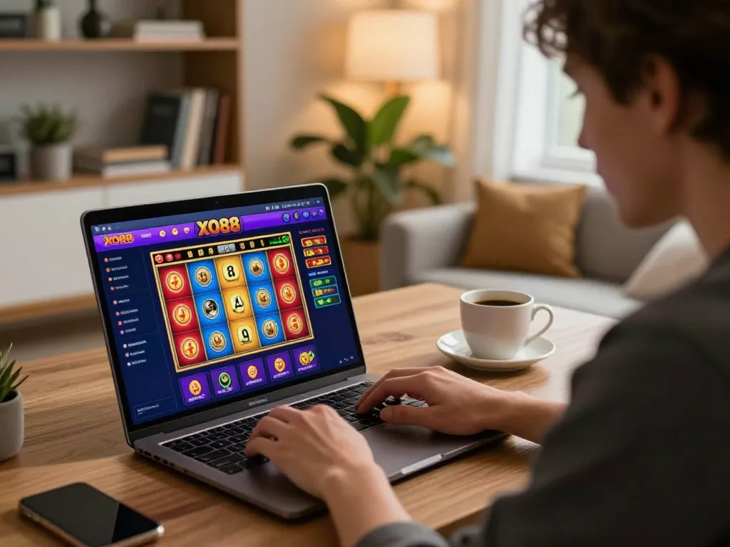 Engaging online gambling with XO88 interface displayed on laptop, person focused on game in cozy home setting
