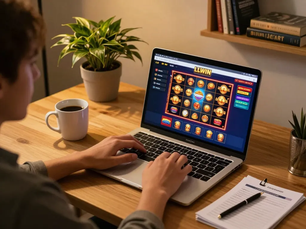 Player engaging with LLWIN online casino on a laptop at home, highlighting a cozy gaming atmosphere.