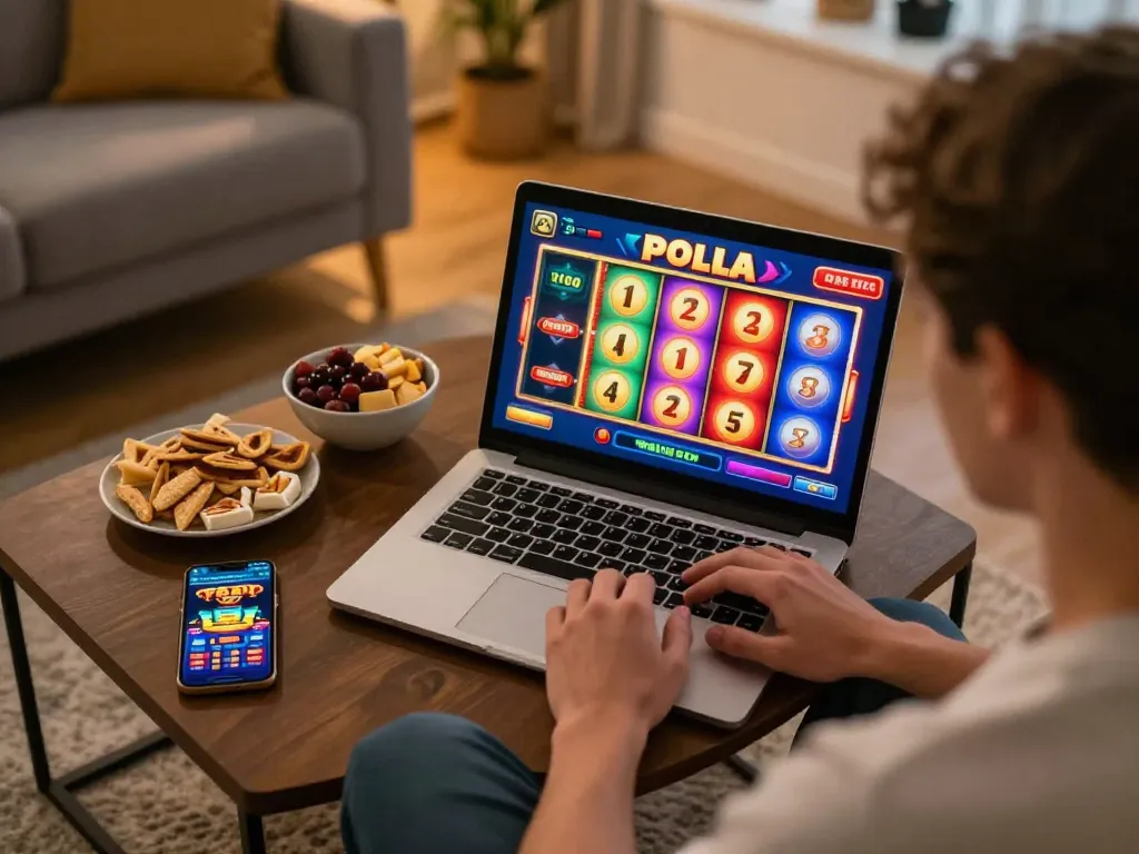 Pemain yang terlibat menikmati permainan slot pulsa online di rumah dengan laptop.