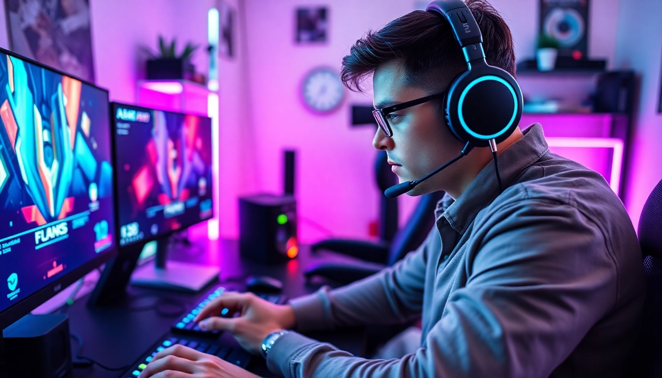 Jogador profissional imerso no hi game com um ambiente de jogo vibrante e brilhante.