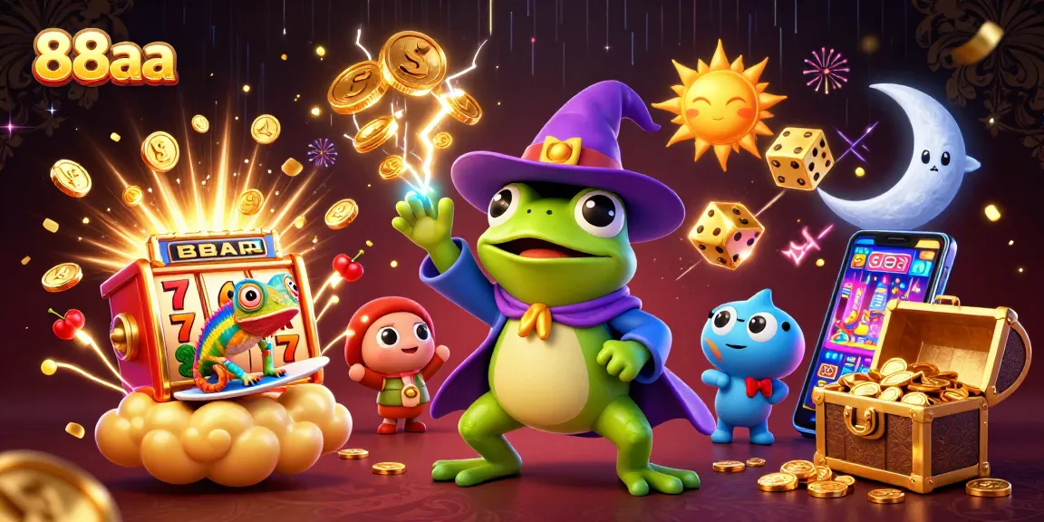 Win big with 88aa in this vibrant 3D casino scene featuring golden coins, slot machines, and more.