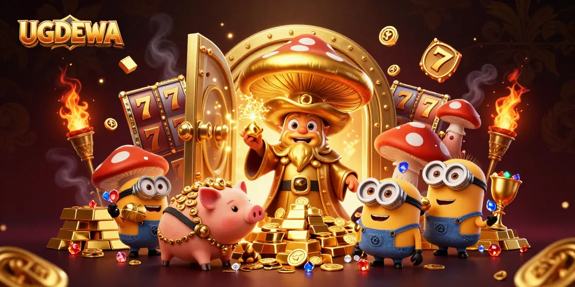 Engage with UGDEWA's vibrant slot world featuring golden treasures and whimsical characters.