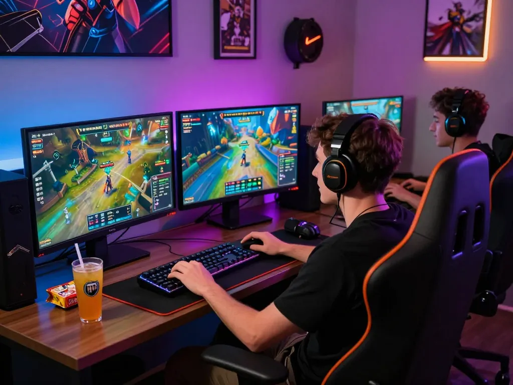 Player enjoying barcaslot digital game in a vibrant gaming setup with multiple monitors and colorful ambient lighting.