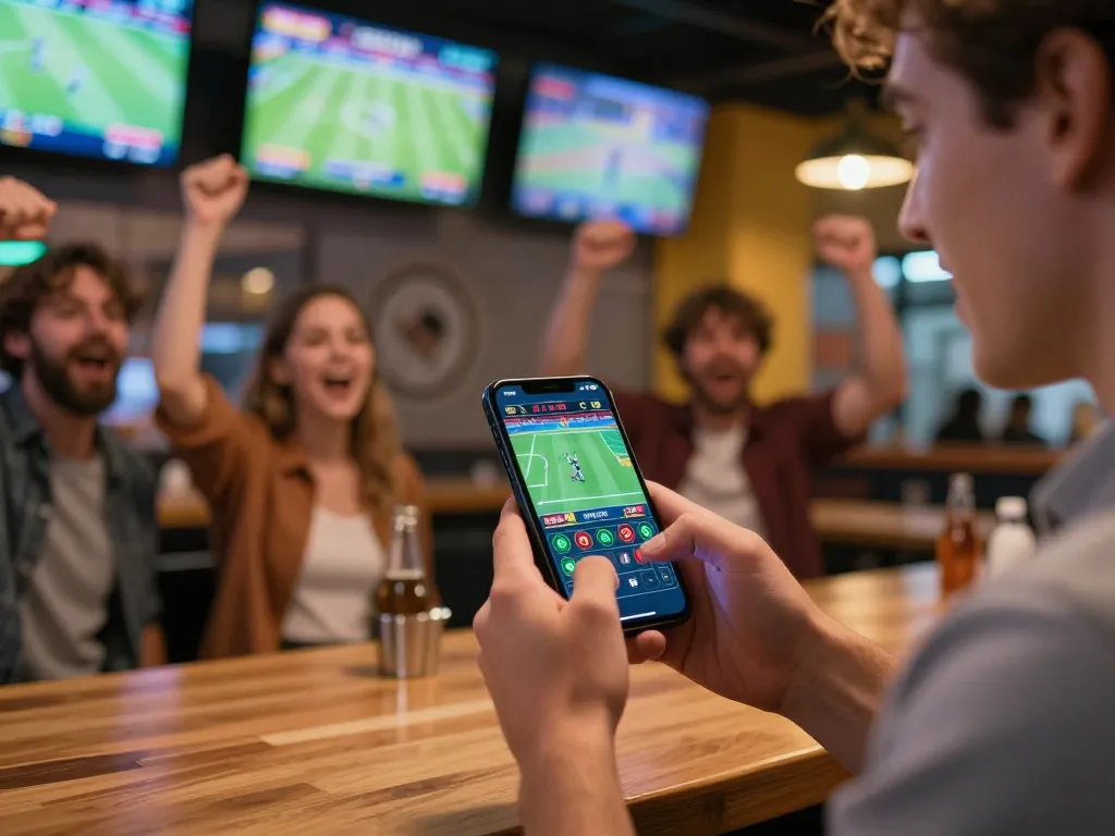 Luck8 player enthusiastically placing a sports bet on smartphone in a lively sports bar.