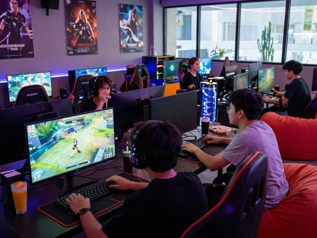 Group of friends enjoying A80 gaming experience in a vibrant lounge.