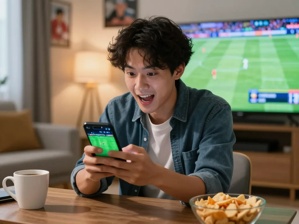 LU88 sports bettor placing live wagers on smartphone app with excitement in a modern home setting.