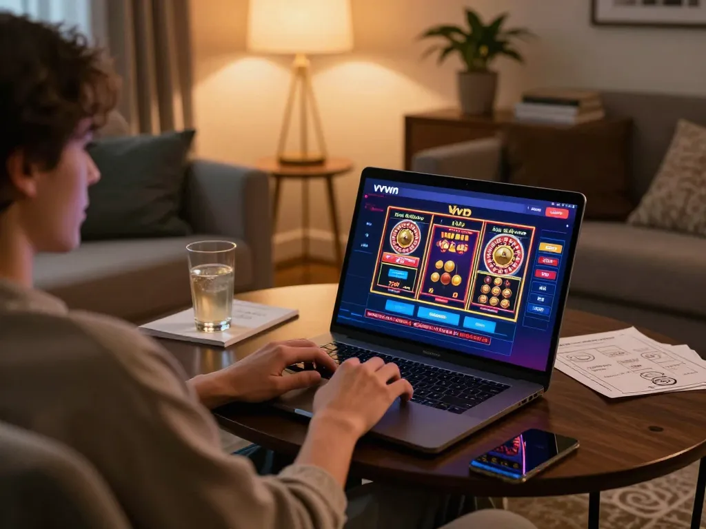 Engaging online gaming setup with vvvwin displayed on the laptop showcasing exciting slot games.